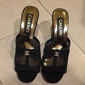 Elegant Black Mesh Mules with Bow Size 9